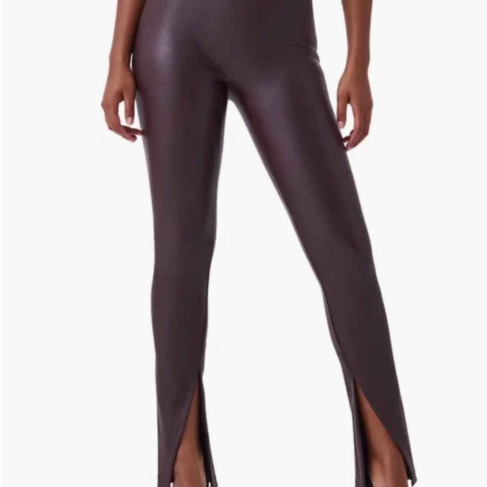 Brown High-Waisted Leggings with Ankle Slits- SPANX FAUX LEATHER